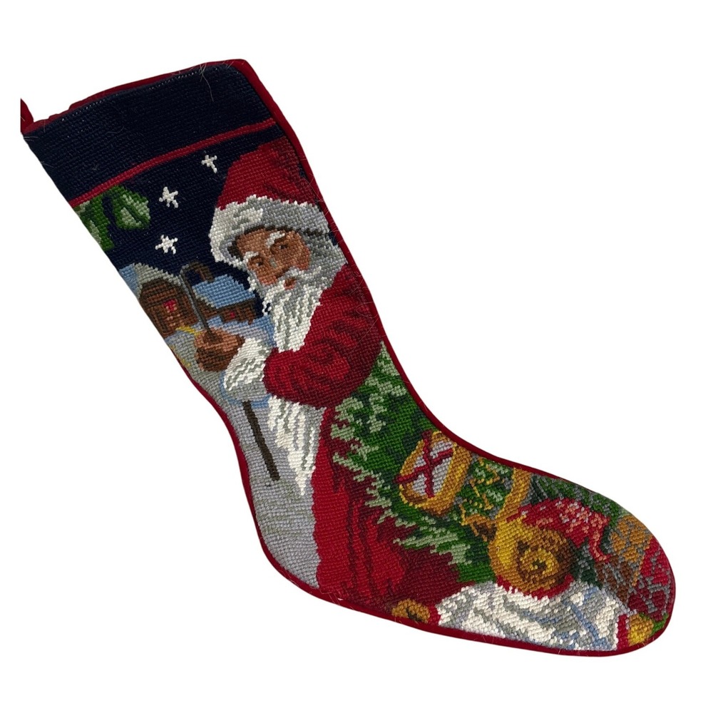 Handmade Needlepoint Santa Claus Christmas Stocking‎ Red Velvet Back